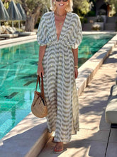 Unique Ruched Print With Drop Shoulders Side Slit Maxi Dress